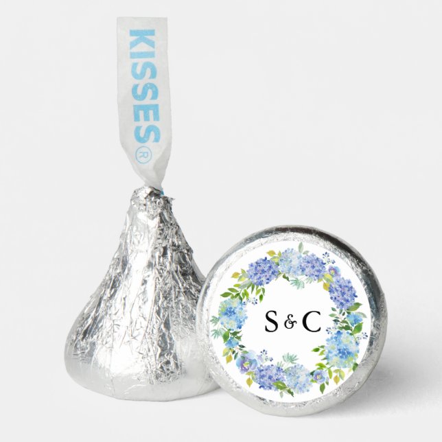 Blue Hydrangea Floral Wreath Wedding Monogram Hershey®'s Kisses® (Front)