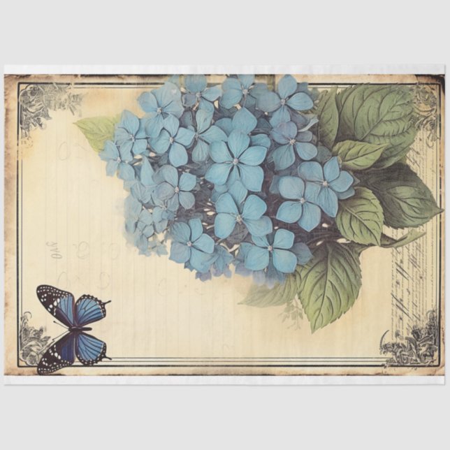 Blue Hydrangea flower and butterfly ephemera art Tissue Paper (Front)