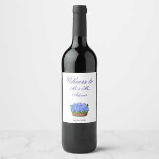 Blue Hydrangea Flower Basket Coastal Wedding Favor Wine Label