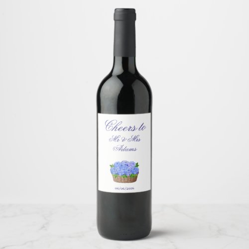 Blue Hydrangea Flower Basket Coastal Wedding Favor Wine Label