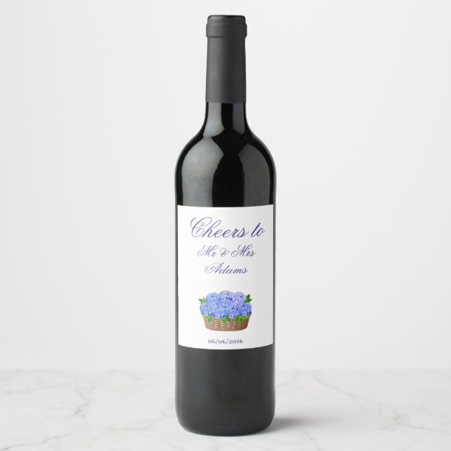 Blue Hydrangea Flower Basket Coastal Wedding Favor Wine Label (Front)