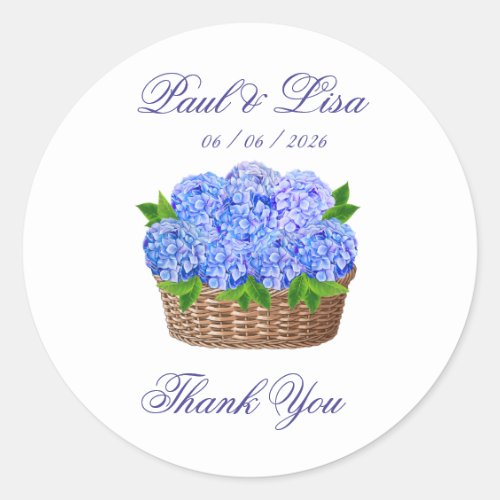 Blue Hydrangea Flower Basket Monogram Wedding Favo Classic Round Sticker