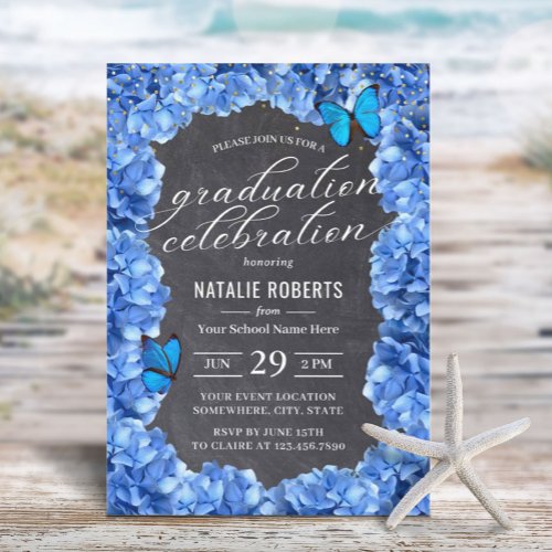 Blue Hydrangea Flower  Butterfly Graduation Party Invitation