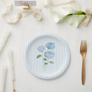 Blue Hydrangea Flower Custom Wedding Blue Stripe Paper Plates