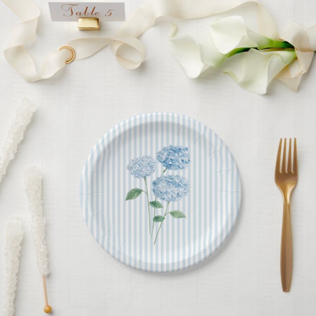 Blue Hydrangea Flower Custom Wedding Blue Stripe Paper Plates (Wedding)