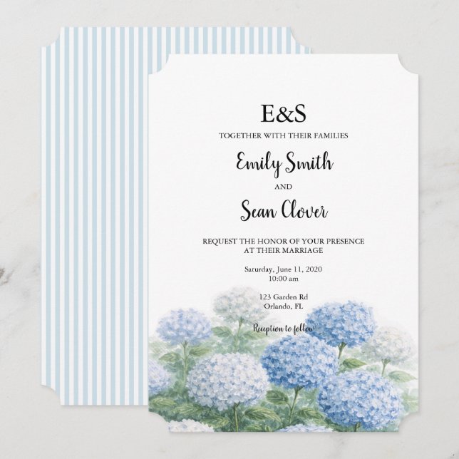 Blue Hydrangea Flower Garden Wedding Monogram Invitation (Front/Back)