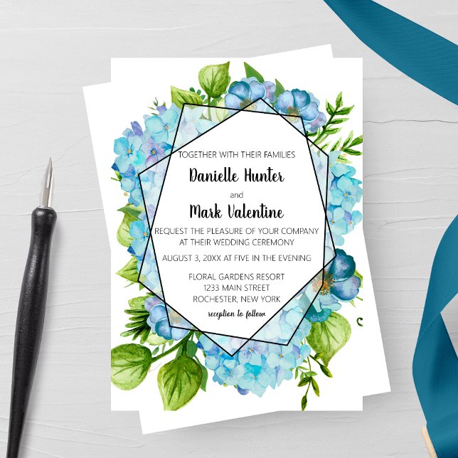 Blue Hydrangea Flower Geometric Wedding Invitation (Creator Uploaded)