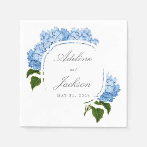 Blue Hydrangea Flower Names and Wedding Date Napkins
