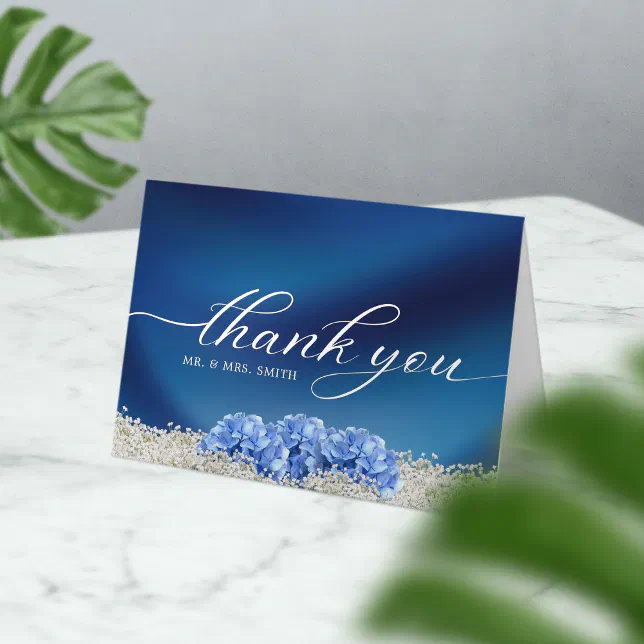 Blue Hydrangea Flower Navy Blue Wedding Thank You Card | Zazzle