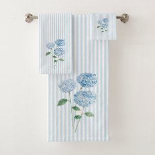Blue Hydrangea Flower Painting Blue Stripe Bath Towel Set