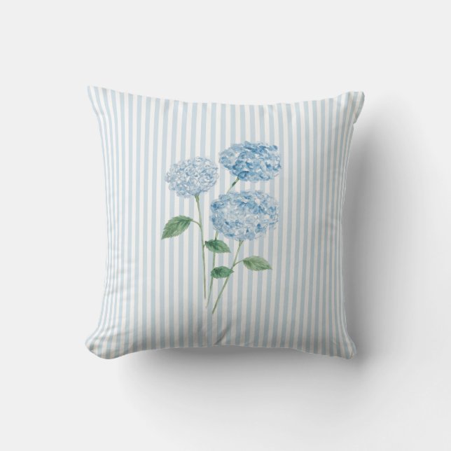 Blue Hydrangea Flower Painting Blue Stripe Throw Pillow (Front)