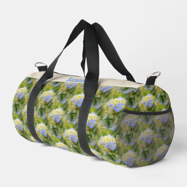 Blue Hydrangea Flower Pattern Personalized      Duffle Bag (Right Corner)