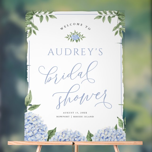 Blue Hydrangea Flower Personalized Shower Painted Acrylic Sign (Neutral)