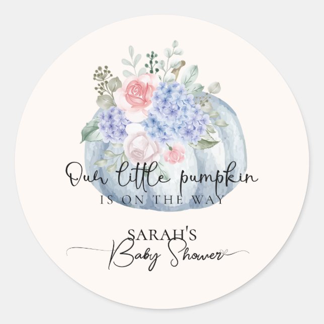 Blue Hydrangea Flower Pumpkin Fall Baby Shower Classic Round Sticker (Front)