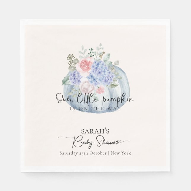 Blue Hydrangea Flower Pumpkin Fall Baby Shower Napkins (Front)