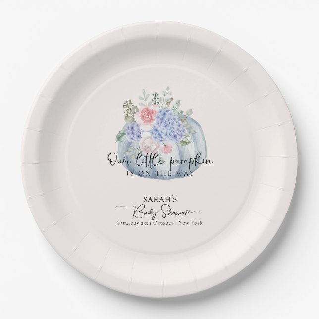 Blue Hydrangea Flower Pumpkin Fall Baby Shower Paper Plates (Front)