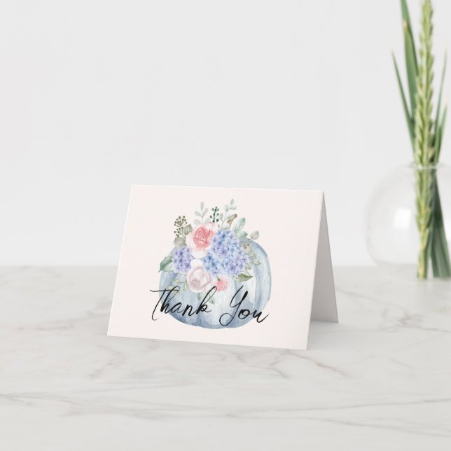 Blue Hydrangea Flower Pumpkin Fall Baby Shower  Thank You Card (Front)