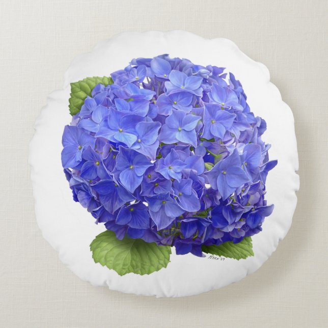 Blue Hydrangea Flower Round Pillow (Front)