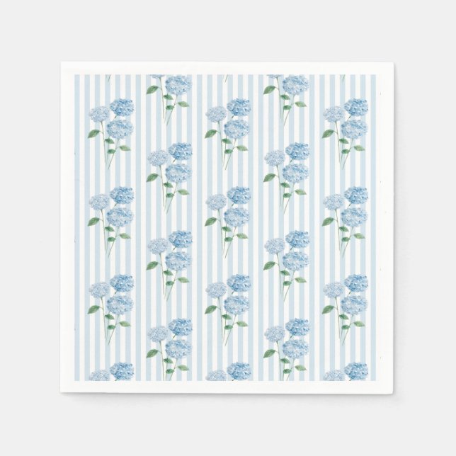 Blue Hydrangea Flower Shower Blue Stripe Napkins (Front)