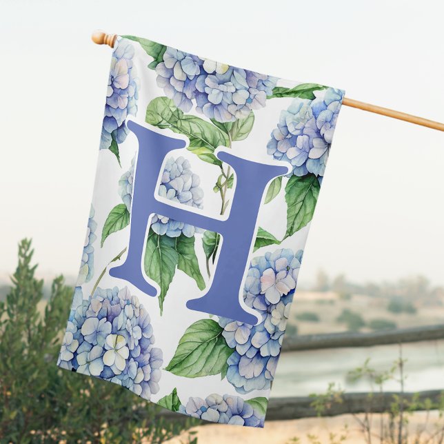 Blue Hydrangea Flower Spring Floral Monogram House Flag (Blue Hydrangea Flower House Flag for Spring and Summer, Preppy Floral Monogram Double Sided Flag)
