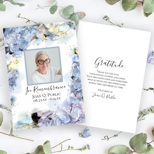 Blue Hydrangea Flower Watercolor Funeral Sympathy Thank You Card