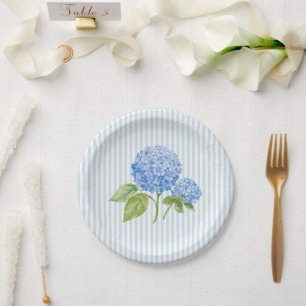 Blue Hydrangea Flower Wedding Blue Stripe Paper Plates