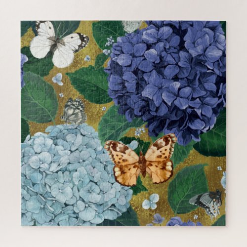 Blue Hydrangea Flowers and Butterfly  Jigsaw Puzzle