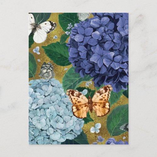 Blue Hydrangea Flowers and Butterfly  Postcard
