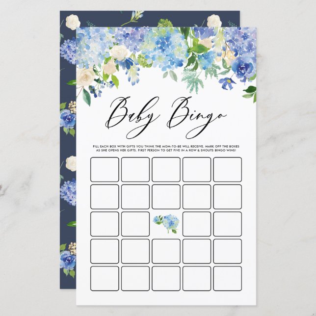 Blue Hydrangea Flowers Baby Shower Bingo Game Card (Front/Back)