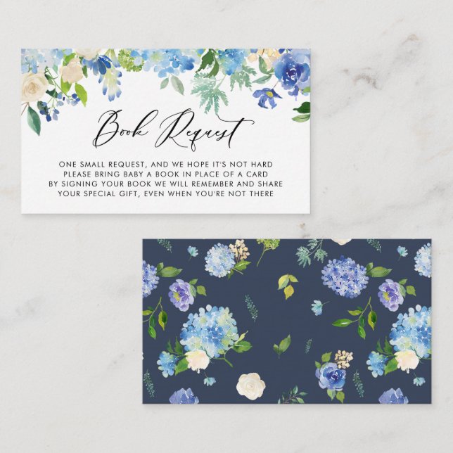 Blue Hydrangea Flowers Baby Shower Book Request Enclosure Card (Front/Back)