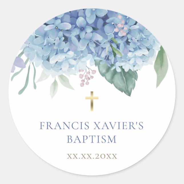 blue Hydrangea flowers Baptism Classic Round Sticker (Front)