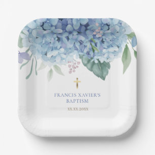 blue Hydrangea flowers Baptism Paper Plates