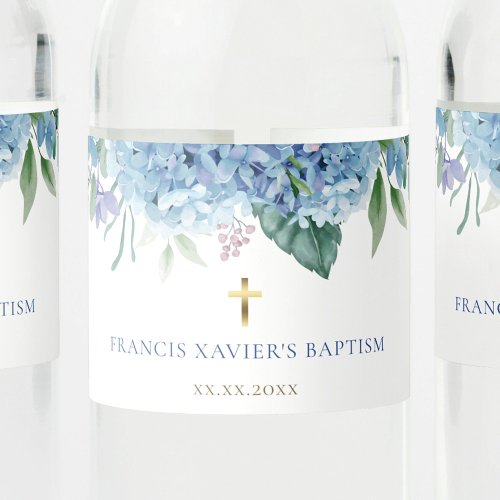 blue hydrangea flowers Baptism Water Bottle Label