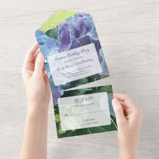 Blue Hydrangea Flowers Birthday Party  All In One Invitation
