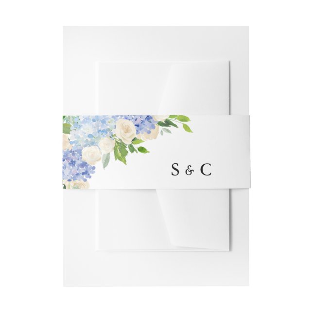 Blue Hydrangea Flowers Bouquet Wedding Invitation Belly Band (Front Example)