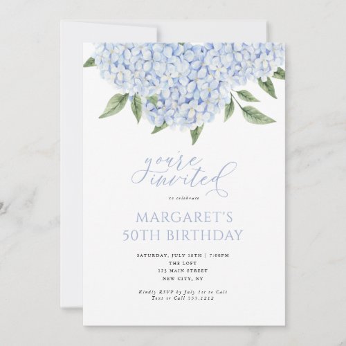 Blue Hydrangea Flowers Calligraphy Birthday Invitation