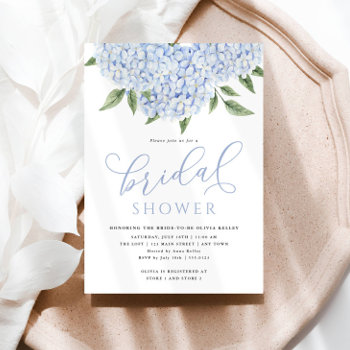 Blue Hydrangea Flowers Calligraphy Bridal Shower Invitation by FancyShmancyNotes at Zazzle