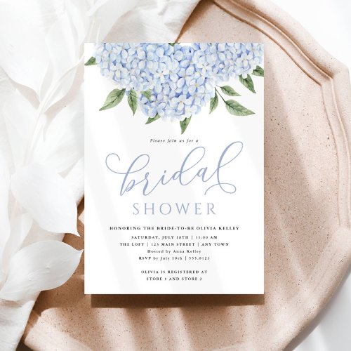 Blue Hydrangea Flowers Calligraphy Bridal Shower Invitation