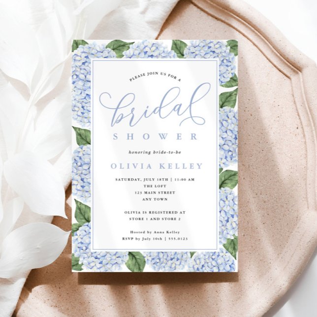 Blue Hydrangea Flowers Calligraphy Bridal Shower Invitation (Creator Uploaded)
