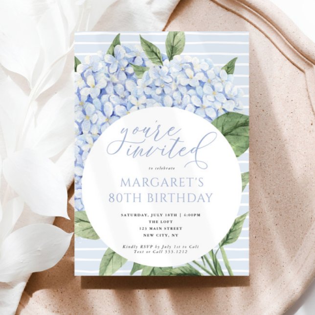 Blue Hydrangea Flowers Circle Frame Birthday Party Invitation (Beautiful Blue Hydrangea Birthday Invitations)