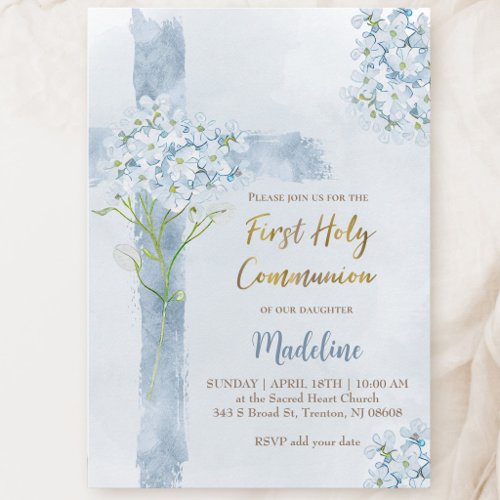 blue Hydrangea flowers cross First Communion Invitation