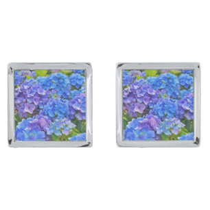 Blue Hydrangea Flowers Floral Art Silver Cufflinks
