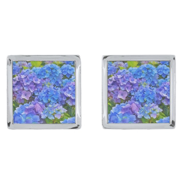Blue Hydrangea Flowers Floral Art Silver Cufflinks (Front)