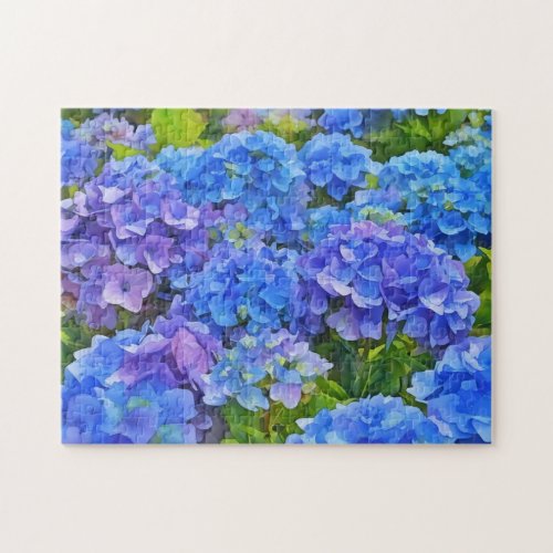 Blue Hydrangea Flowers Floral Watercolor Style Art Jigsaw Puzzle