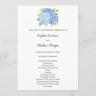 Blue Hydrangea Flowers Foliage Wedding Program