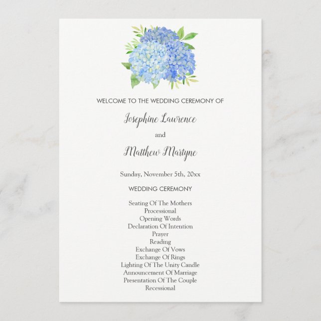 Blue Hydrangea Flowers Foliage Wedding Program (Front)