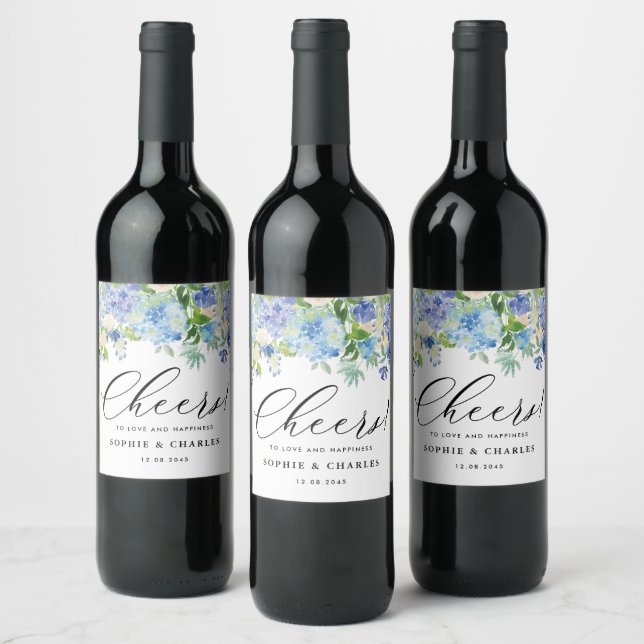 Blue Hydrangea Flowers Garland Floral Wedding Wine Label (Bottles)