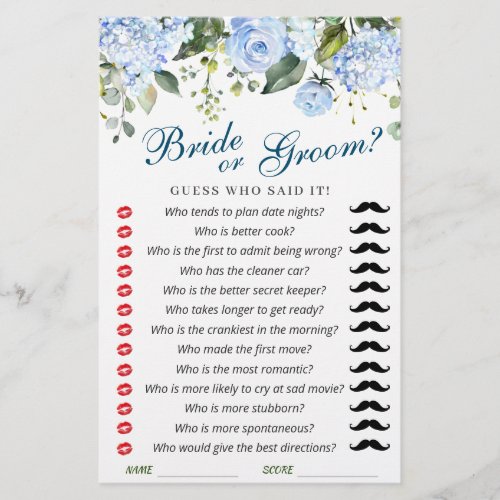 Blue Hydrangea Flowers Greenery Bridal Shower Game