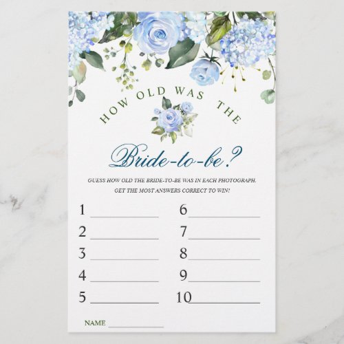 Blue Hydrangea Flowers Greenery Bridal Shower Game