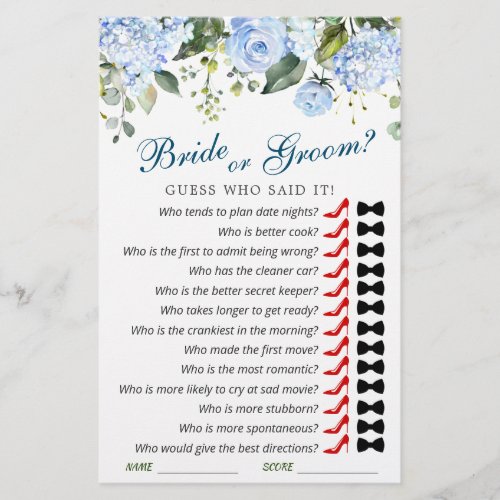 Blue Hydrangea Flowers Greenery Bridal Shower Game